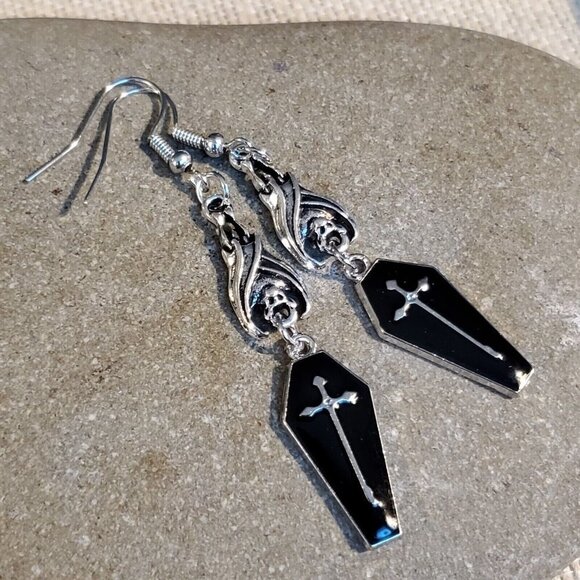 Midnight Black Vampire Coffin Hanging Bat Silver Cross Goth Enamel Earrings - Picture 2 of 8
